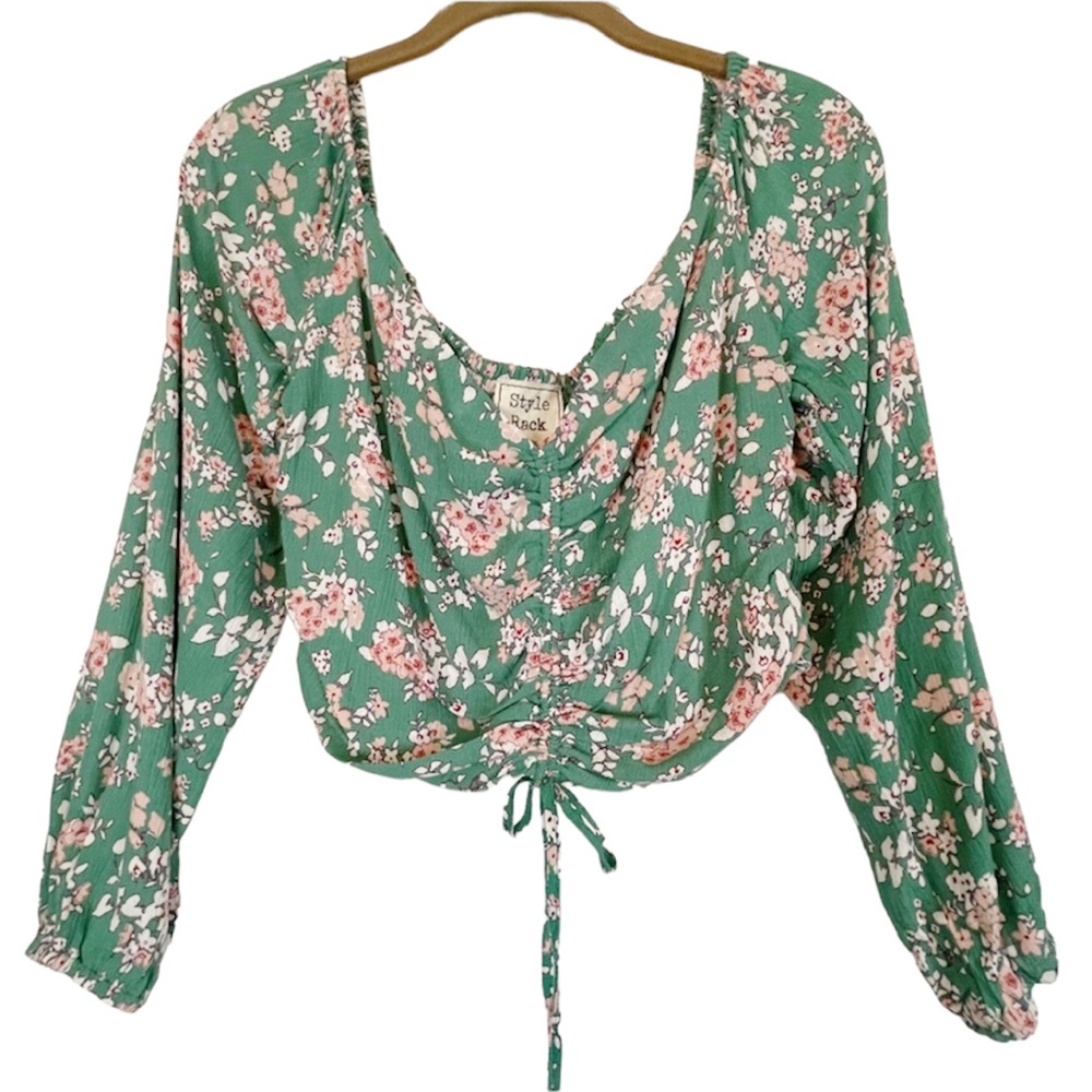 Style Rack Smocked Green Floral Print Boho Crop Top NWT